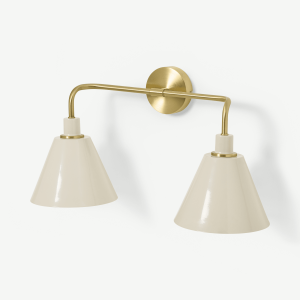 Testa Bathroom Double Wall Lamp, Brushed Brass & Off White