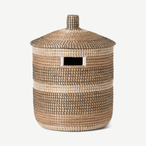 Charra Striped Laundry Basket, Black & White Natural Seagrass